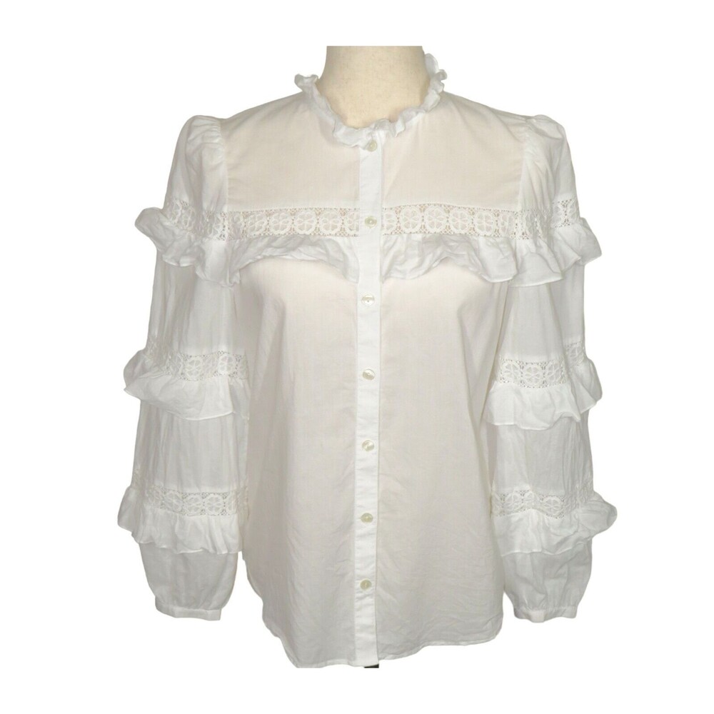 Paris Atelier Tiered Ruffle Sleeve Lace Inset Button Up Cotton Blouse Size 4